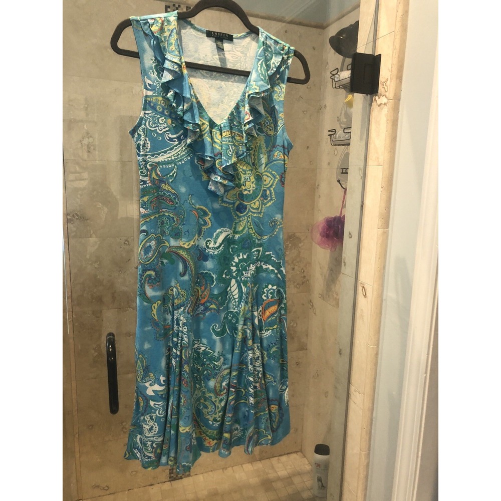 Lauren Ralph Lauren Womens Watercolor Floral Fit Flare Swing Dress Blue Large